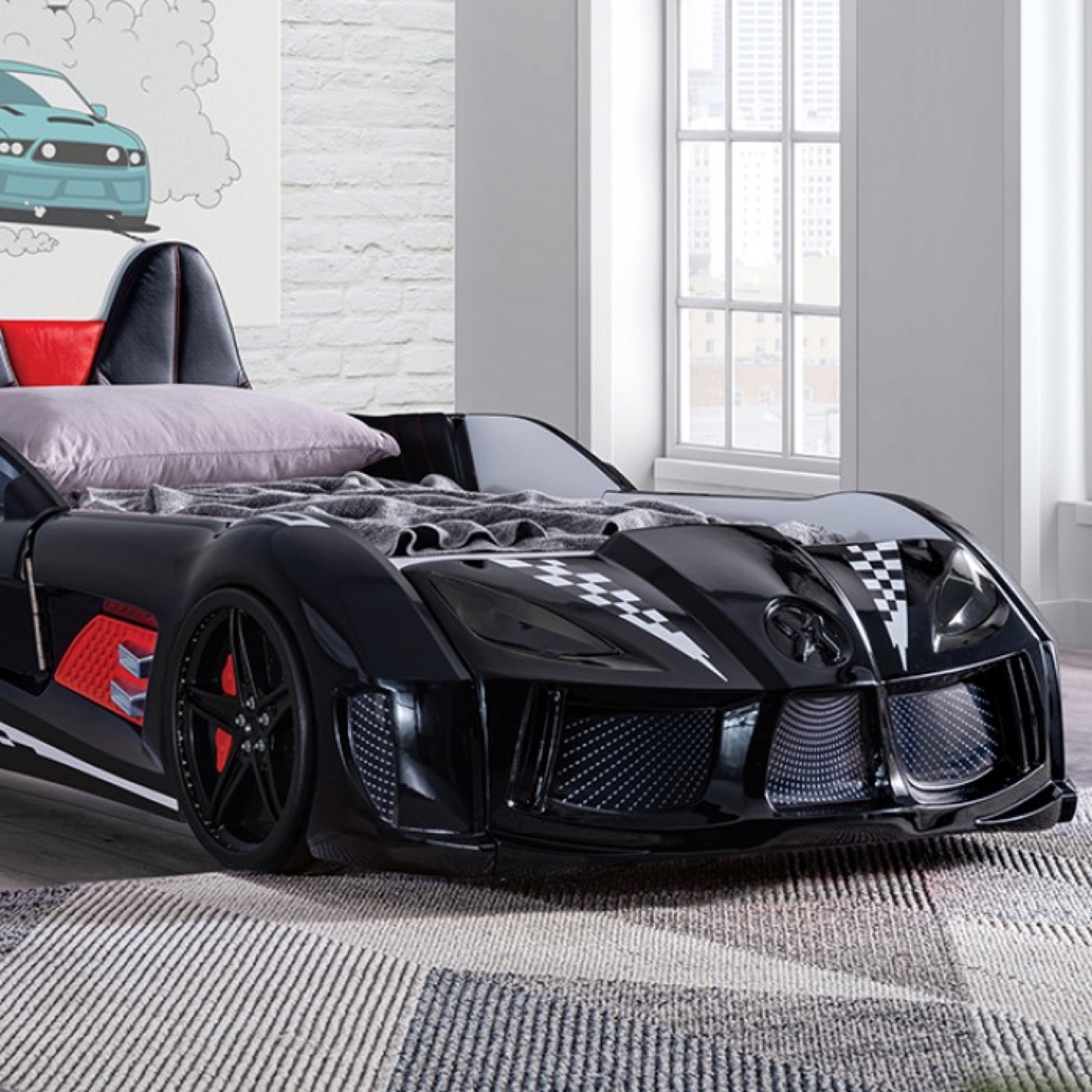 Trackster Kid's Race Car Bed with LED Lights - Adams Furniture