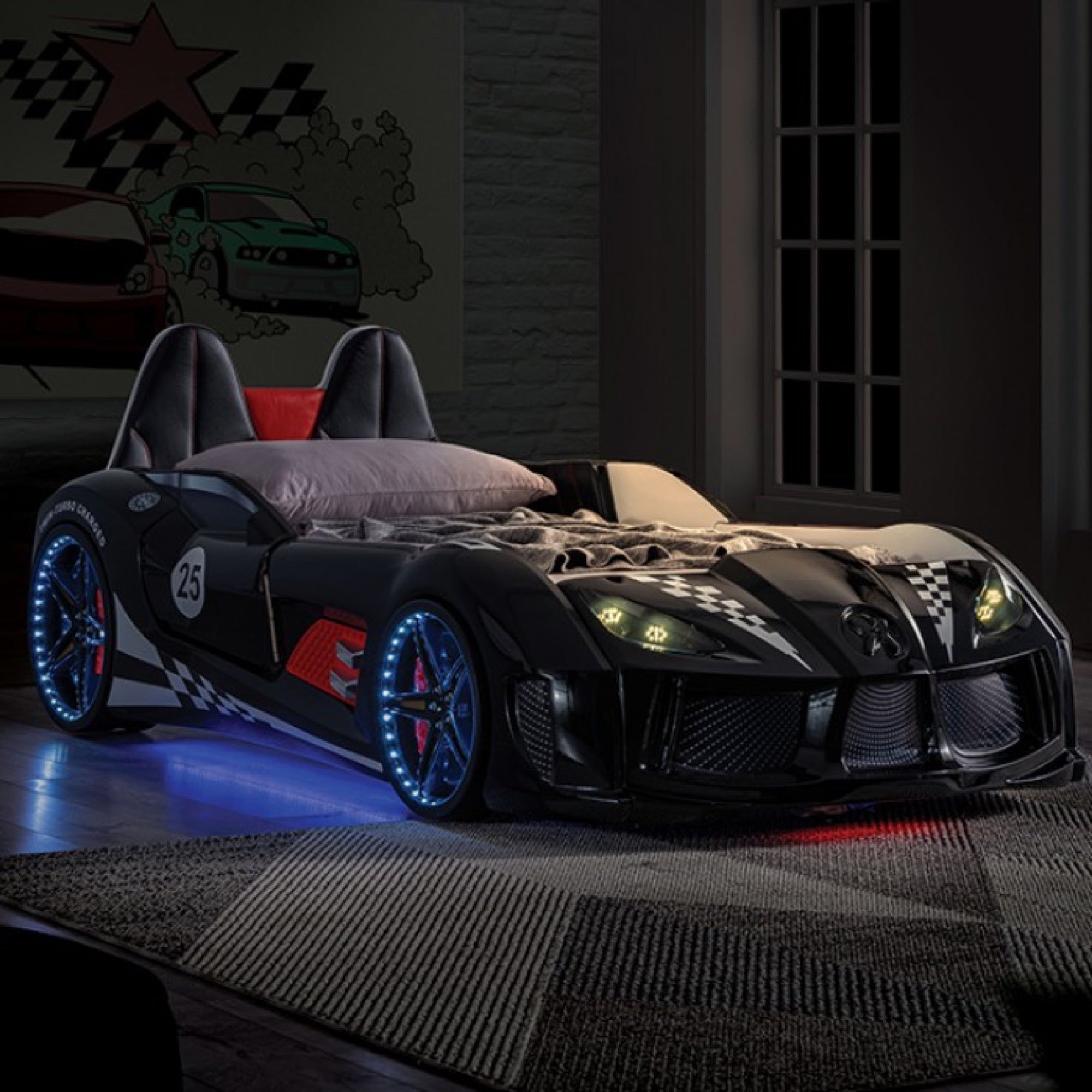 Trackster Kid's Race Car Bed with LED Lights - Adams Furniture